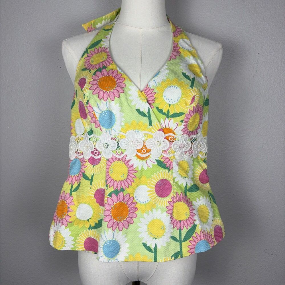 Lilly Pulitzer Vintage Halter Top Womens 2 Daisy 70s Crochet Green Pink Floral